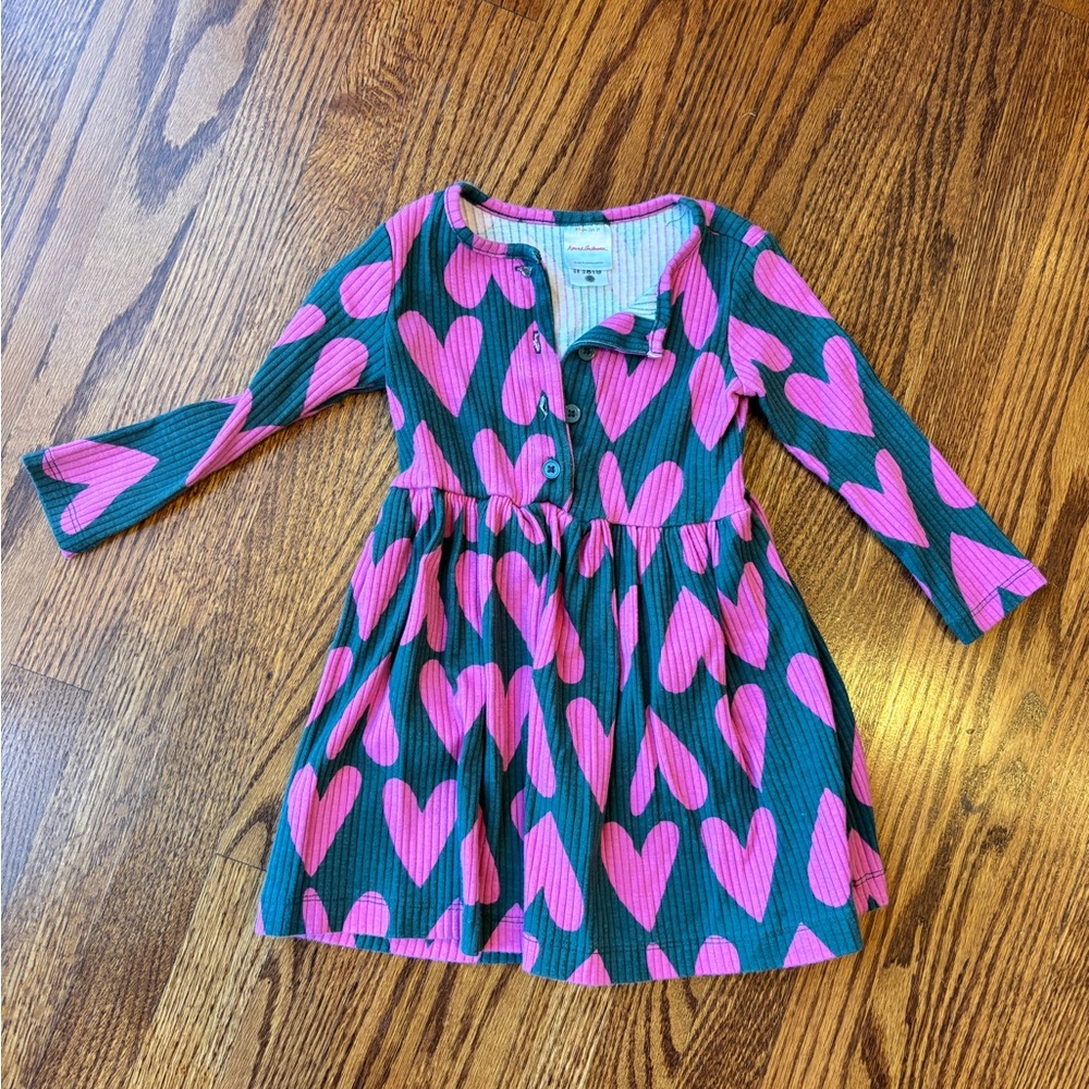 Hanna Andersson Green Ribbed Henley Dress with Pink Heart Print